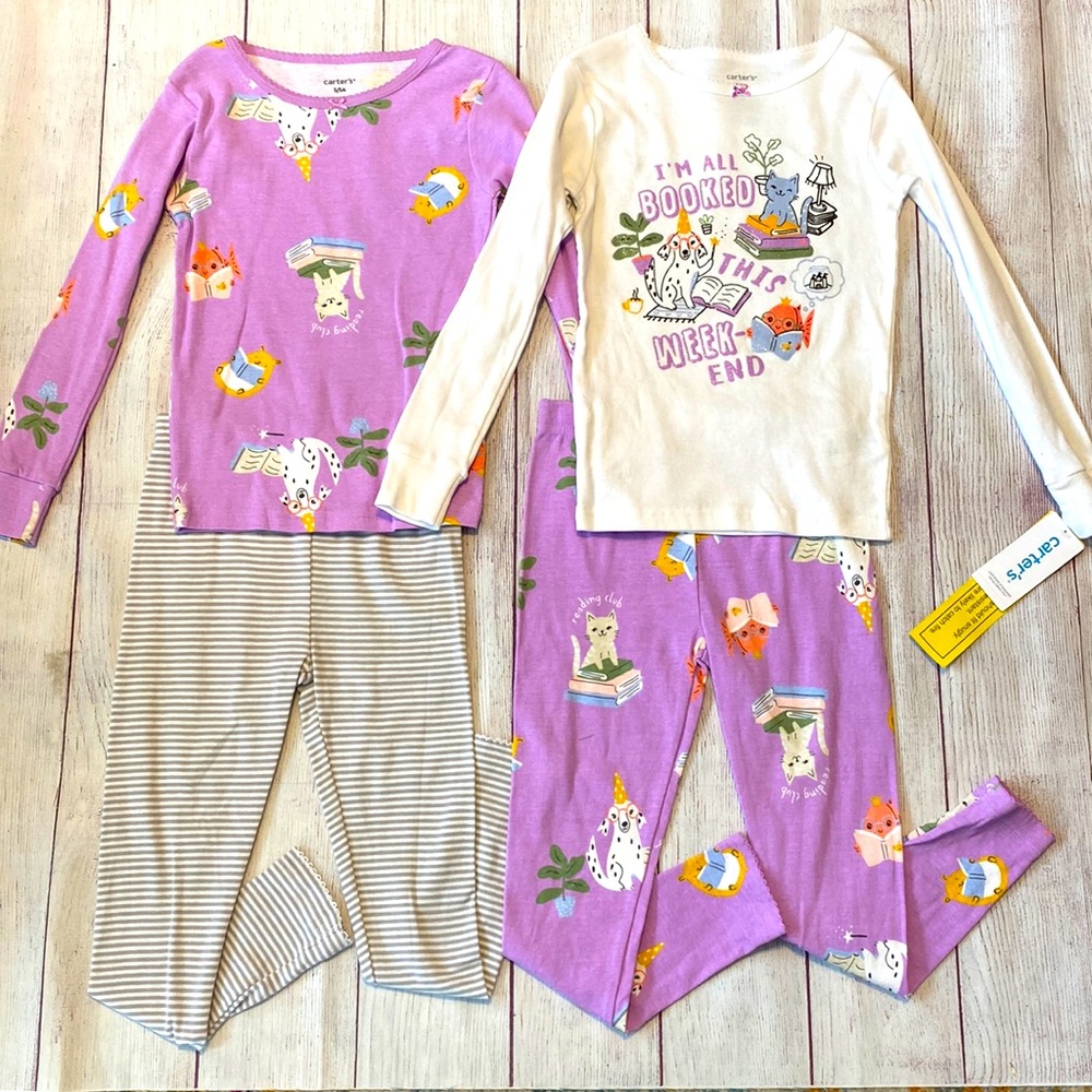 📚🐈‍⬛🐶 NWT Carter’s 4-Piece Girls’ Pajamas - Cats Dogs Books - CUTE! 🐶🐈‍⬛📚